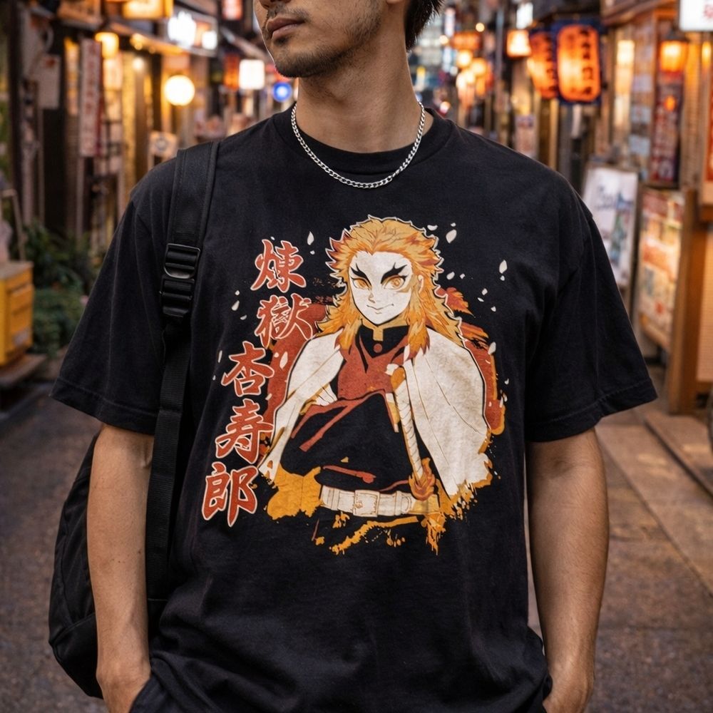 Demon Slayer Rengoku Black Graphic Tee Shirt L Anime Streetwear Fandom Kyojuro R